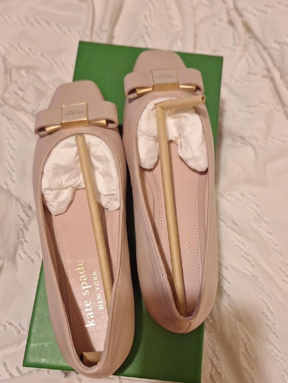 kate spade blush pink leather ballet flats with gold bow
